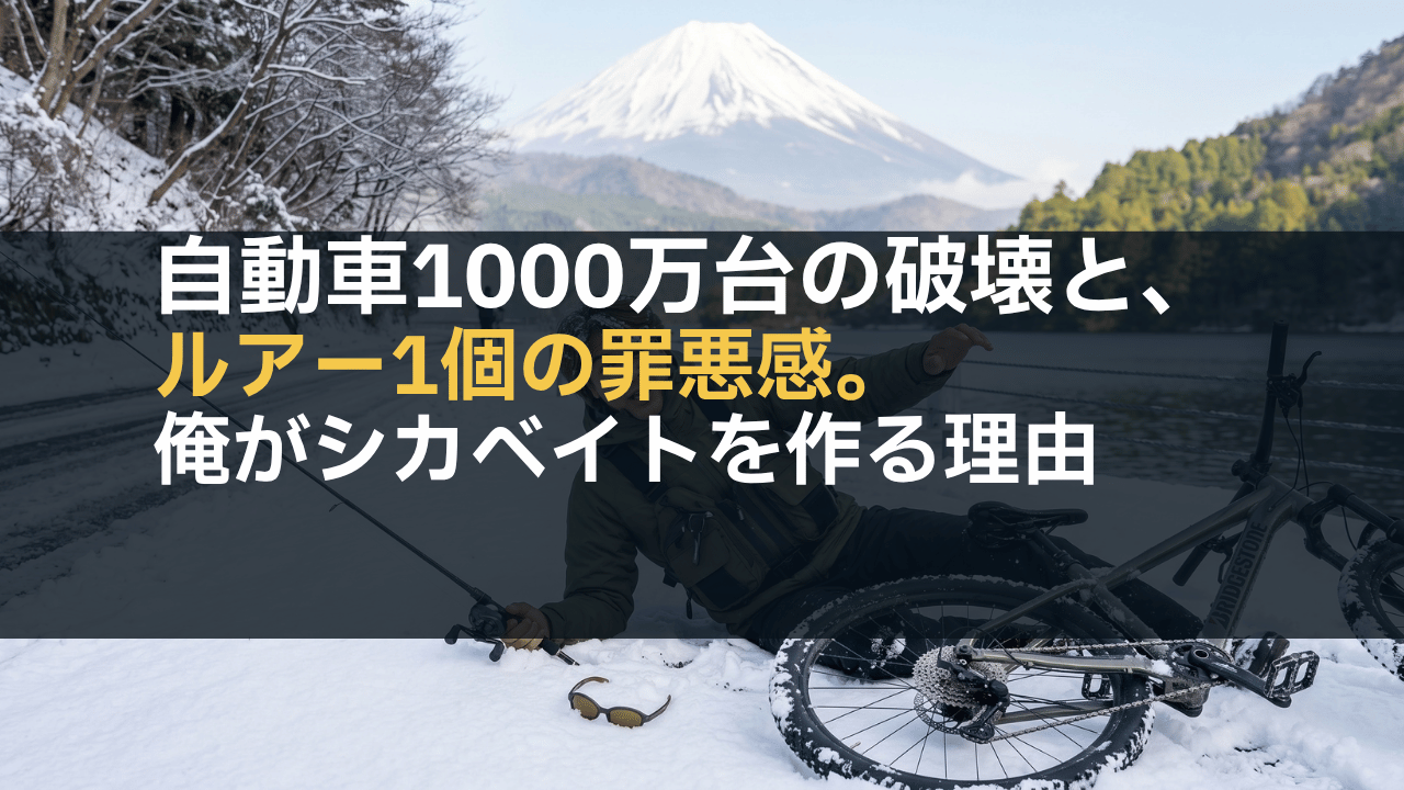 雪道を走る自転車と水辺で使うシカベイトのイメージ